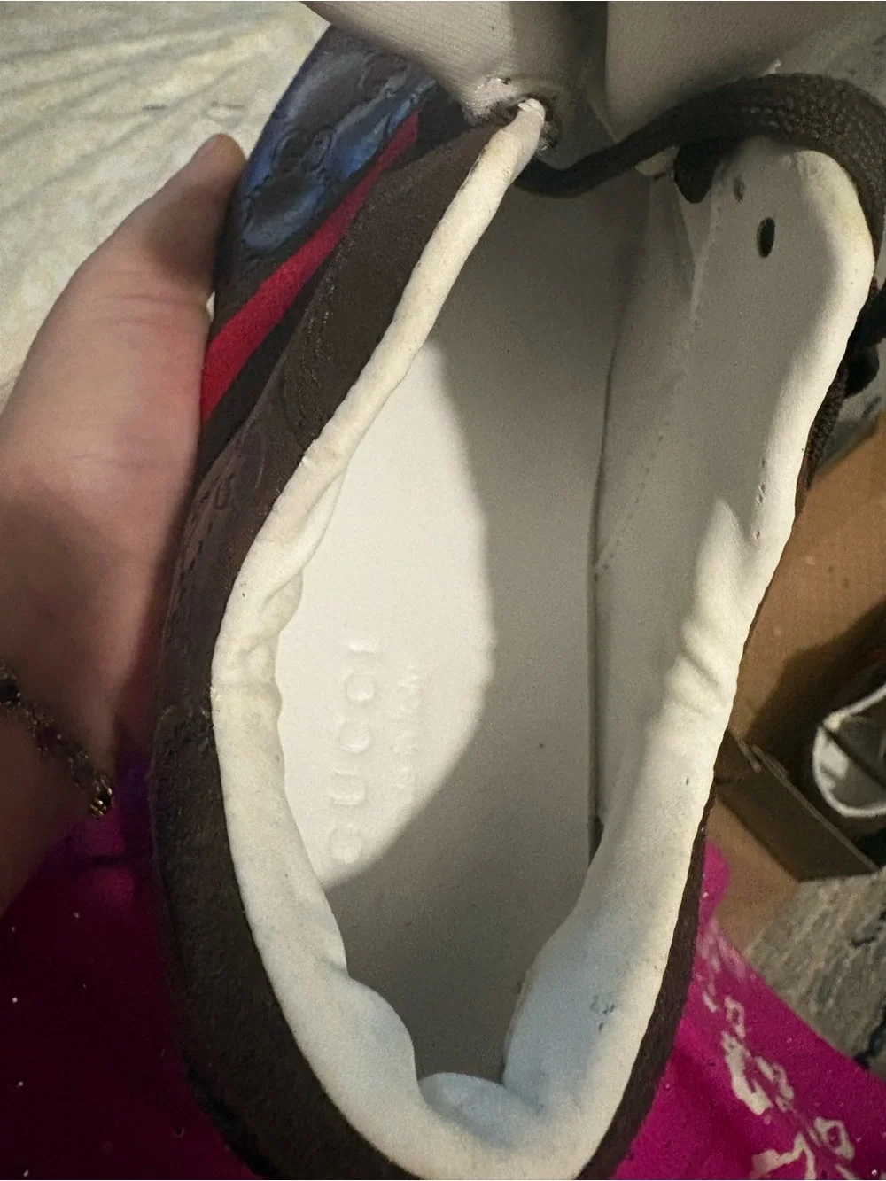 Gucci Brown Suede Sneakers with Red Web Stripe never been worn even one time